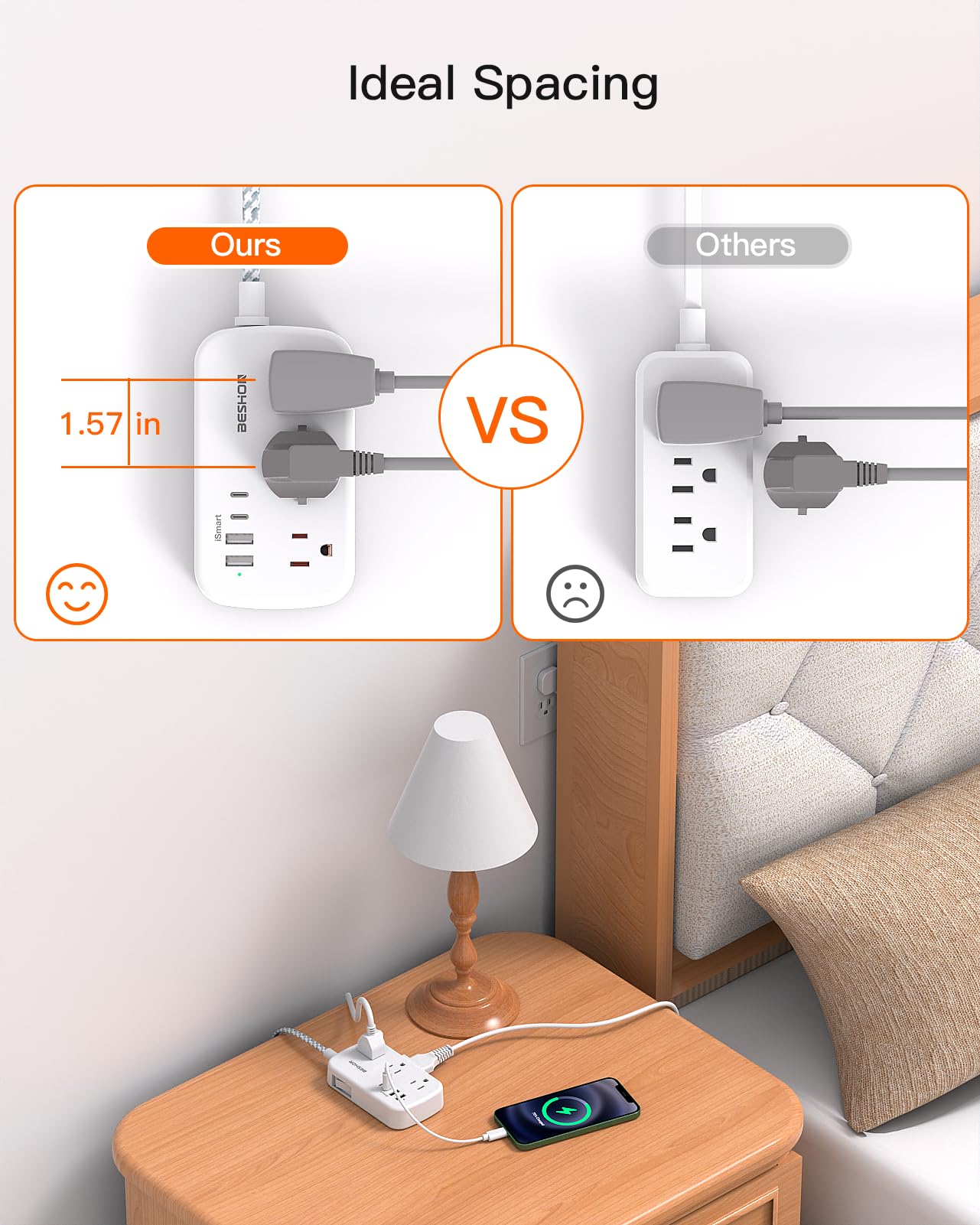 Extension Cord 25 Ft, Flat Plug Power Strip with 6 Outlets with 4 USB Ports(2 USB C), Wall Mount Charging Station, No Surge Protector for Home Office College Dorm Room Travel Essentials