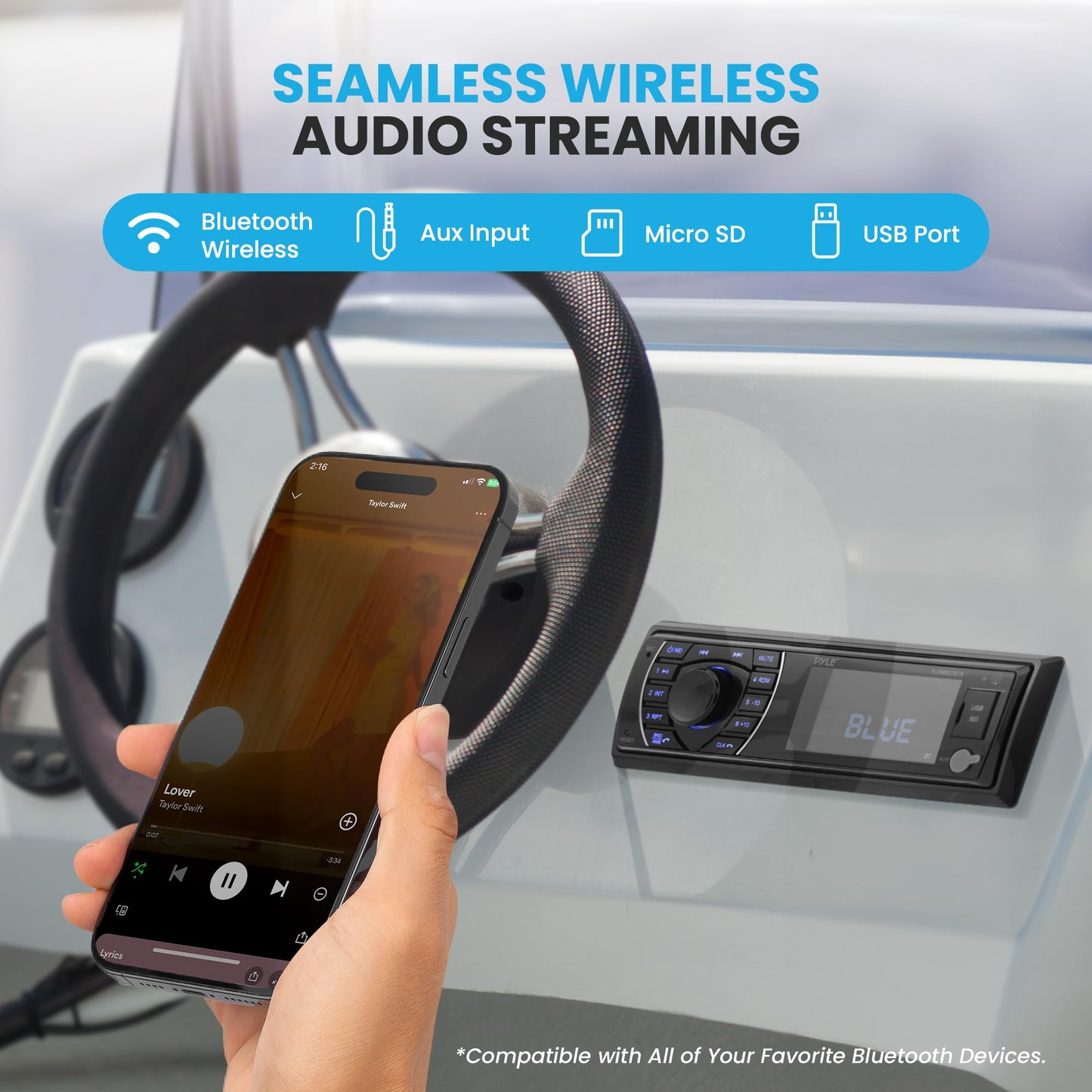 Pyle 300W Bluetooth Marine Stereo Receiver - Single DIN In-Dash AM/FM Radio with USB/SD - AUX - MP3 - Built-in Mic - EQ - Wireless Music Streaming - Remote - 12V - PLMRM29BT