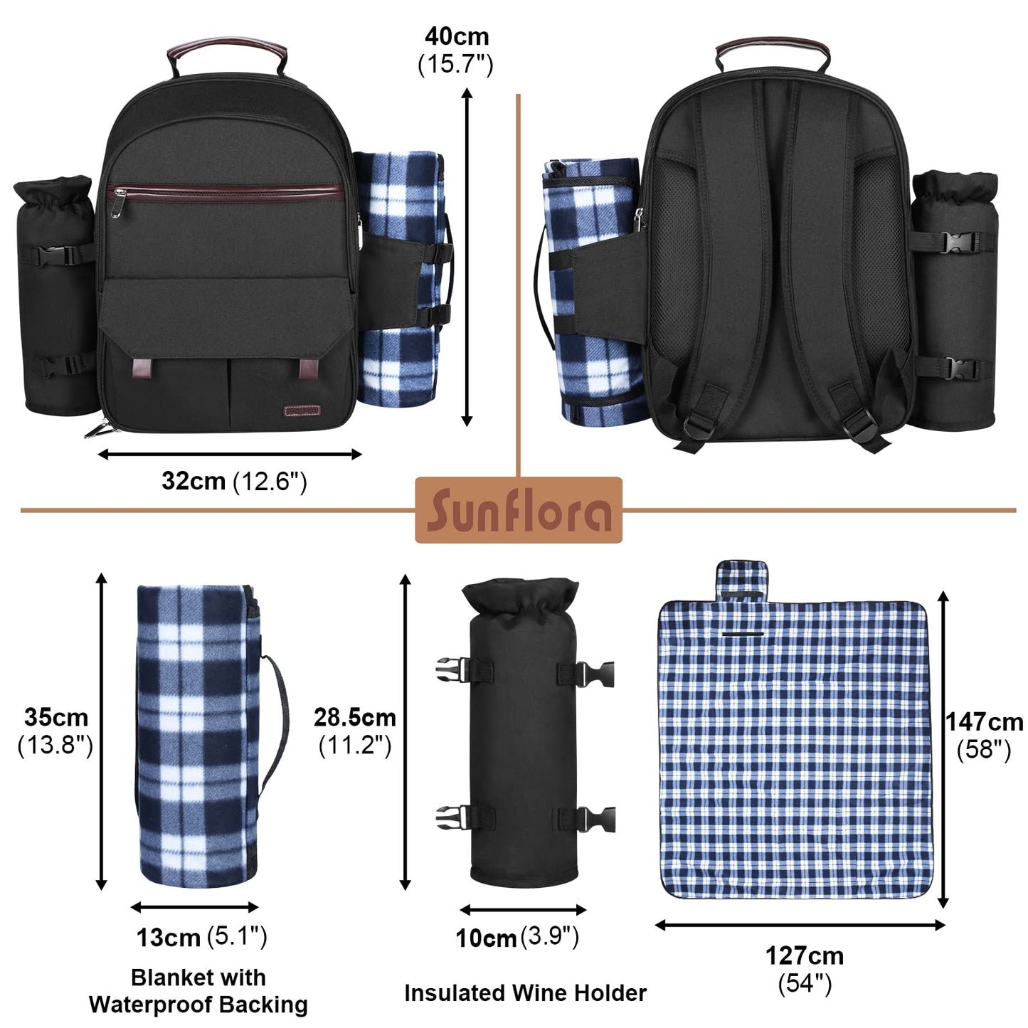 Sunflora Insulated Picnic Backpack for 2 Person Bag with Cooler Compartment, Wine Pouch, Blanket and Stainless Steel Cutlery Set for Couple, Lovers and Friends (Black)