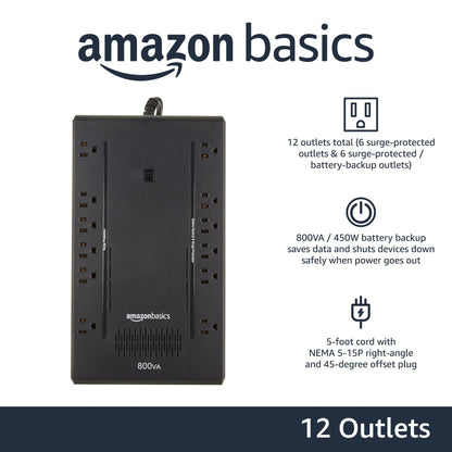Amazon Basics UPS Battery Backup & Surge Protector 800VA/450W, 12 Outlets, Standby Uninterruptible Power Supply, for Power Outage Protection, Compact, Black