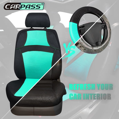 CAR PASS 3D Air Mesh-100% Breathable Seat Covers Full Sets, Steering Wheel Cover,Belt Cover, Airbag Compatible for Automotive SUV Truck Black Mint