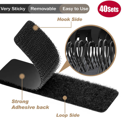 40Sets-1x4 inch Hook&Loop Strips with Adhesive, Black Command Strips with Backing, Heavy Duty Adhesive Fasten Mounting Tape for Home Office School and Crafting