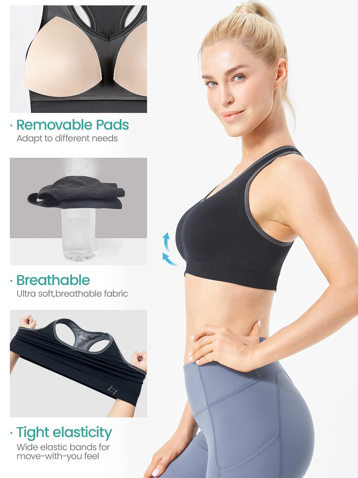 FITTIN Racerback Sports Bras for Women - Padded Seamless High Impact Support for Yoga Gym Workout Fitness Black