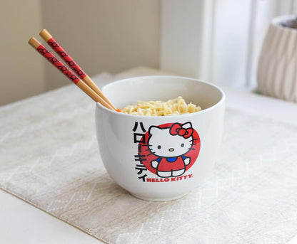 Silver Buffalo Sanrio Hello Kitty Japanese Ceramic Ramen Noodle Rice Bowl with Chopsticks, Microwave Safe, 20 Ounces