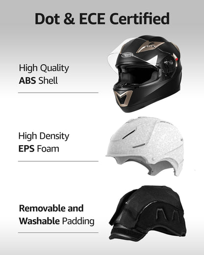 YEMA Motorcycle Full Face Helmet DOT Approved Helmet YM-829 Motorbike Moped Street Bike Racing Casco Moto Helmet with Sun Visor for Adult,Youth Men and Women - Matte Black,M