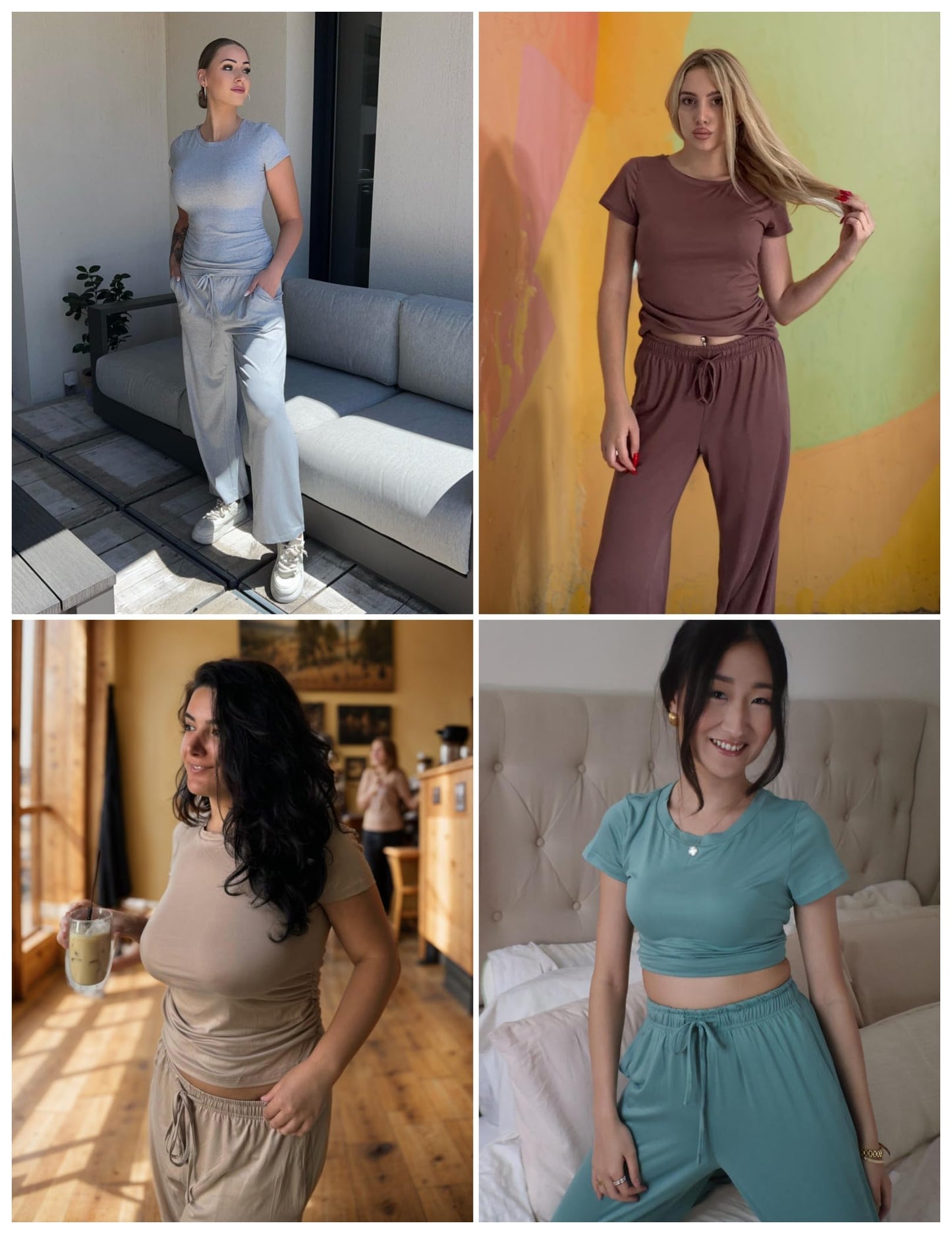 Ekouaer Women's 2 Piece Lounge Sets Ruched Short Sleeve Top and Wide Leg Pants Loungewear Tracksuit Sets with Pockets