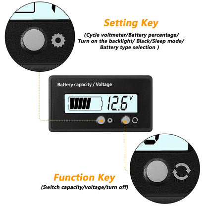 DC 12V 24V 36V 48V 60V 72V 84V Golf Cart Battery Meter with Alarm, Front Setting and Switch Key Battery Capacity Voltage Indicator Gauge Acid and Lithium ion Indicator(White)