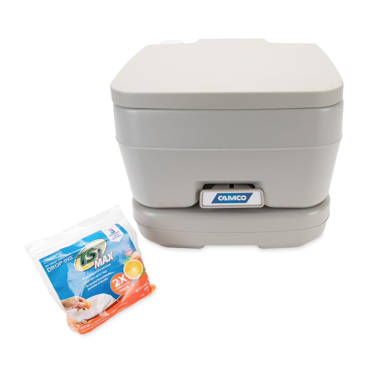 Camco 2.6-Gallon Portable Toilet - Features Detachable Holding Tank w/Sealing Slide Valve & Bellow-Type Flush - Easy Transport w/Compact Lightweight Design & Carry Handle - Gray (41531)