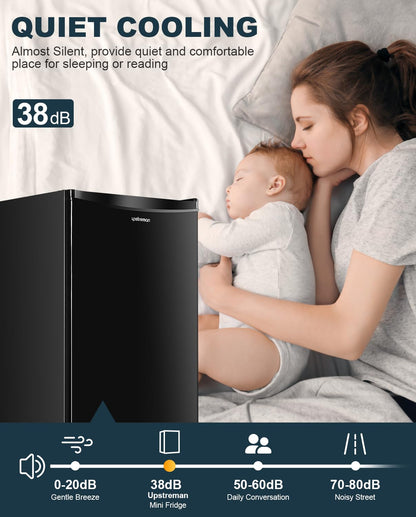 Upstreman 3.2 Cu.Ft Mini Fridge with Freezer, Single Door Mini Fridge, Dorm Fridge, Adjustable Thermostat, Mini Refrigerator for Bedroom, Office, Dorm, Black-BR321