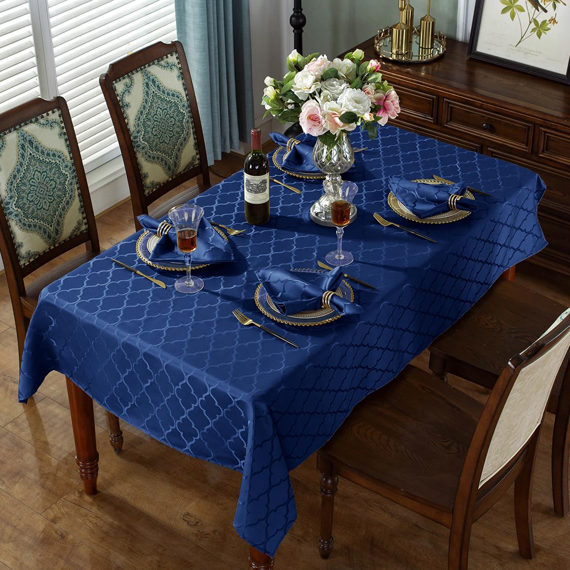 SASTYBALE Jacquard Tablecloth Flower Pattern Polyester Table Cloth Spill Proof Dust-Proof Wrinkle Resistant Table Cover for Kitchen Dining Tabletop Decor(Rectangle, 60" x 102" (8-10 Seats),Navy)