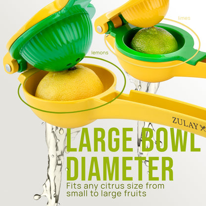 Zulay Kitchen Metal 2-in-1 Lemon Squeezer - Sturdy Max Extraction Hand Juicer Lemon Squeezer Gets Every Last Drop - Easy to Clean Manual Citrus Juicer - Easy-Use Lemon Juicer Squeezer - Yellow/Green