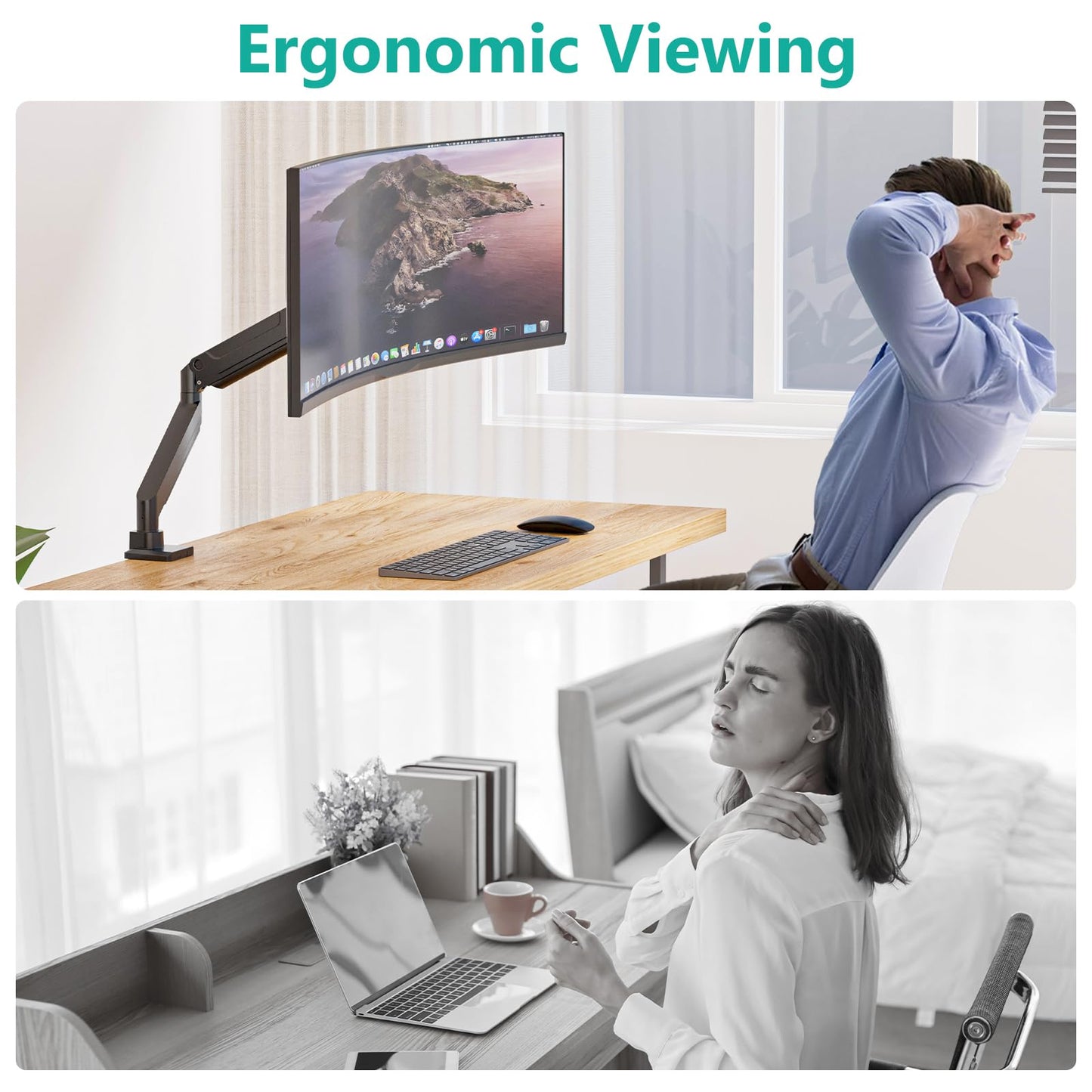 WALI Ultrawide Monitor Arm for 13 to 49 Inch Heavy Duty Curved Screens, Holds 33 Lbs, Adjustable Gas Spring Single Monitor Desk Mount with C-Clamp, Grommet Base, 75x75/100x100 VESA, (GSM001XL), Black