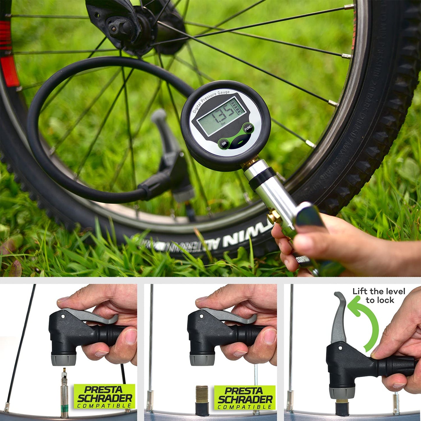 CycloSpirit Digital Bicycle Tire Inflator Gauge with Auto-Select Valve Type - Presta and Schrader Air Compressor Tool