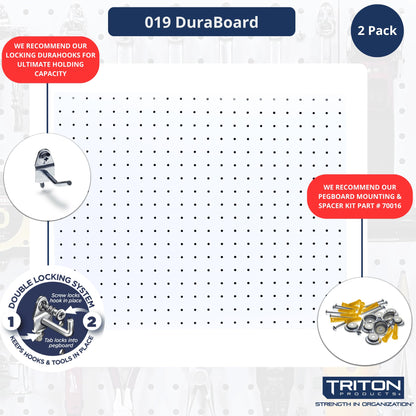 Triton Products Heavy Duty Poly Pegboards - Set of 2 DuraBoard Wall Panels, Each 22" x 18" x 1/4" with 1/4" Holes for Home, Office, Garage, Storage and Organization (White)