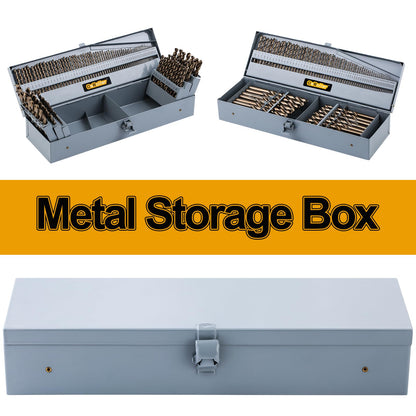 CaRoller Cobalt Drill Bit Set 115 PCS, High Speed Steel M35 Drill Bits Durable Round Shank Drill Sets for Hardened Steel, Wood Plastic, Sheet Metal, with Metal Index Storage Box (115pcs Cobalt)