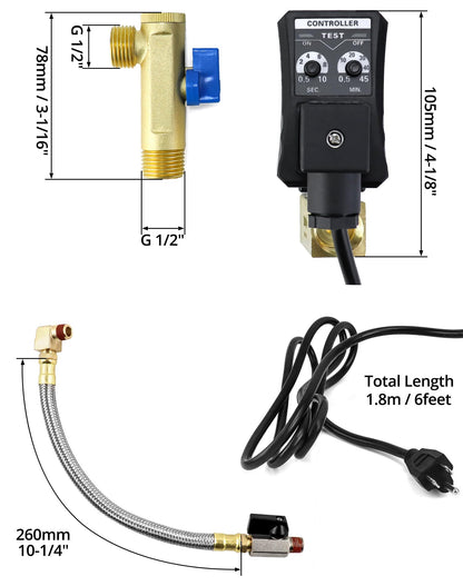 QWORK Automatic Timed Condensate Drain Valve with Steel Hose 1/4 Inch NPT Drain Valve Elbow Fitting, 1/2" Ac110v 2-way Direct-acting Drain Valve US Plug for Compressed Air