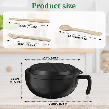 steo spce Large Ramen Bowl Set, 40 Oz Microwaveable Noodle Cooker with Leak-Proof Lids, Chopsticks, Spoon & Fork – Portable and Dishwasher Safe, Ideal for Home, Office, Dorm, or Gift Light (Black)