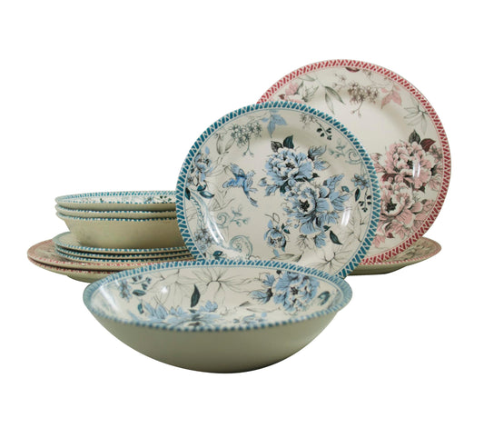 Tudor Royal 12-Piece Porcelain Round Dinnerware Set, Service for 4, Vintage Garden, Floral, Plates Bowls Dishes, Premium Quality Tableware, Unique Pattern, Glossy