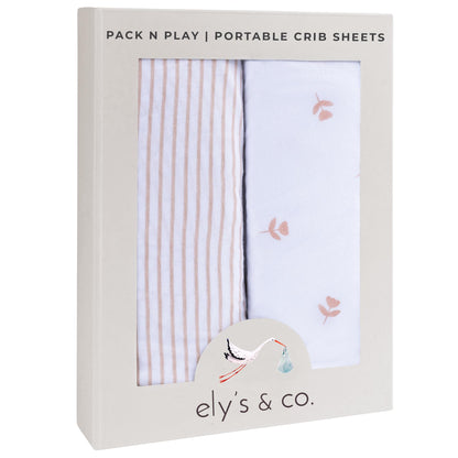 Ely’s & Co. Pack and Play Sheets, for Mini/Portable Crib, 2 Pack Fitted Playpen Play Yard Sheet Set Compatible with Graco Pack n Play, for Baby Girls, 100% Cotton, Pink Tulips and Stripes, 38”x24”x5”