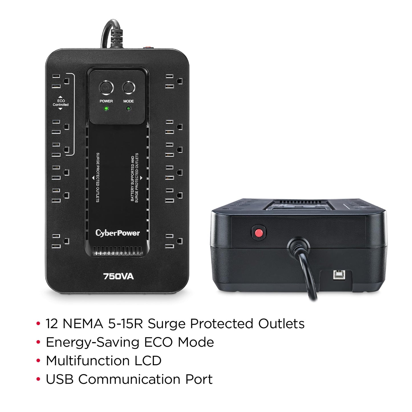 CyberPower EC750G Ecologic Battery Backup & Surge Protector UPS System, 750VA/450W, 12 Outlets, ECO Mode, Compact Uninterruptible Power Supply, Black