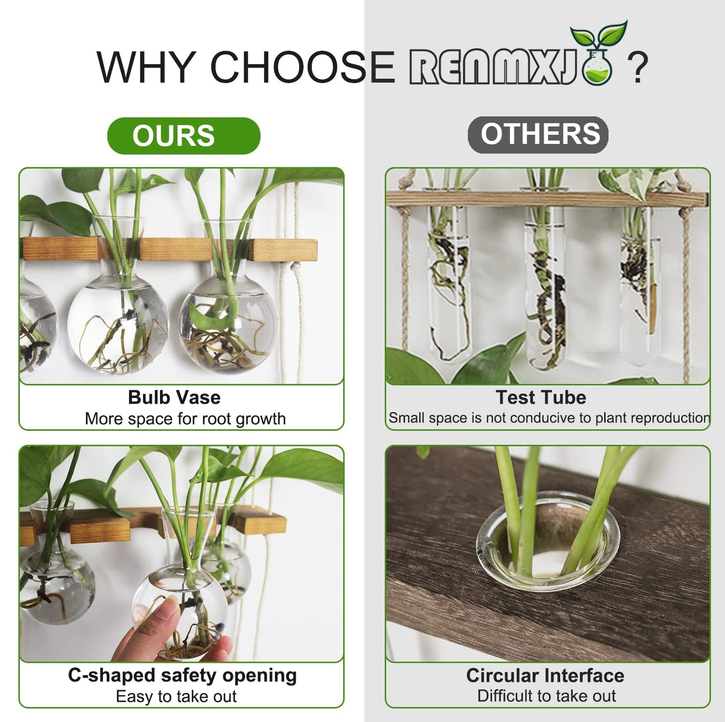 Renmxj Plant Propagation Station Wall Hanging, Plant Terrarium with 2 Tiered Wooden Stand for Hydroponics Plants, Unique Gardening Gifts for Women Mom Plants Lovers - 6 Bulb Glass Vases