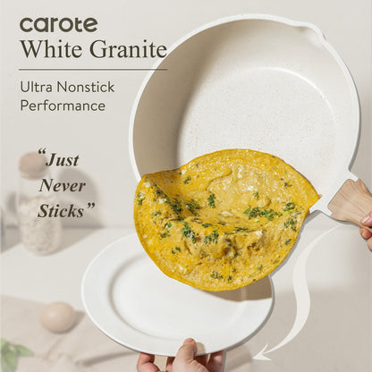 CAROTE Non Stick Frying Pan Skillet,10" Nonstick Fry Pan with Glass Lid, Egg Pan Omelet Pans, Granite Cookware PFOA Free White Granite, 10-Inch