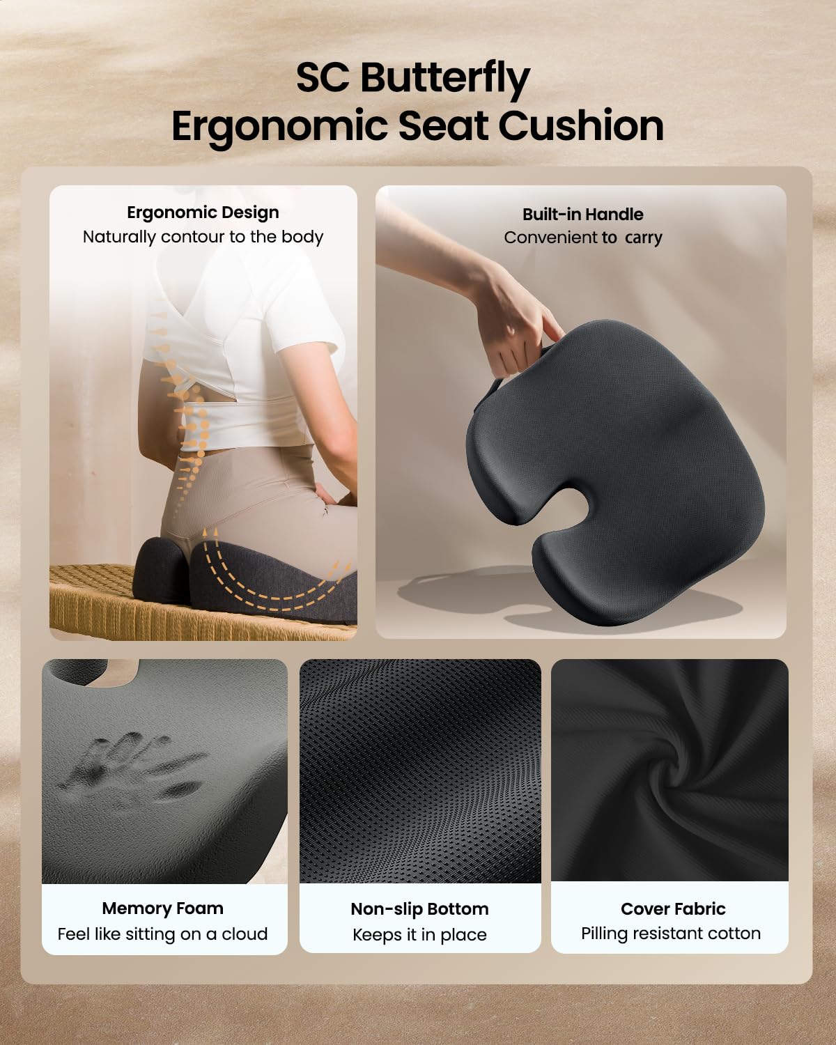 ProtoArc Seat Cushion, Office Chair Cushion for Sciatica, Coccyx Cushion, Ergonomic Memory Foam Seat Cushion for Car, Home, Pressure Relief Pad for Hip, Tailbone, All Day Comfort - Black