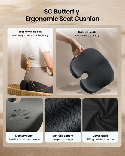 ProtoArc Seat Cushion, Office Chair Cushion for Sciatica, Coccyx Cushion, Ergonomic Memory Foam Seat Cushion for Car, Home, Pressure Relief Pad for Hip, Tailbone, All Day Comfort - Black