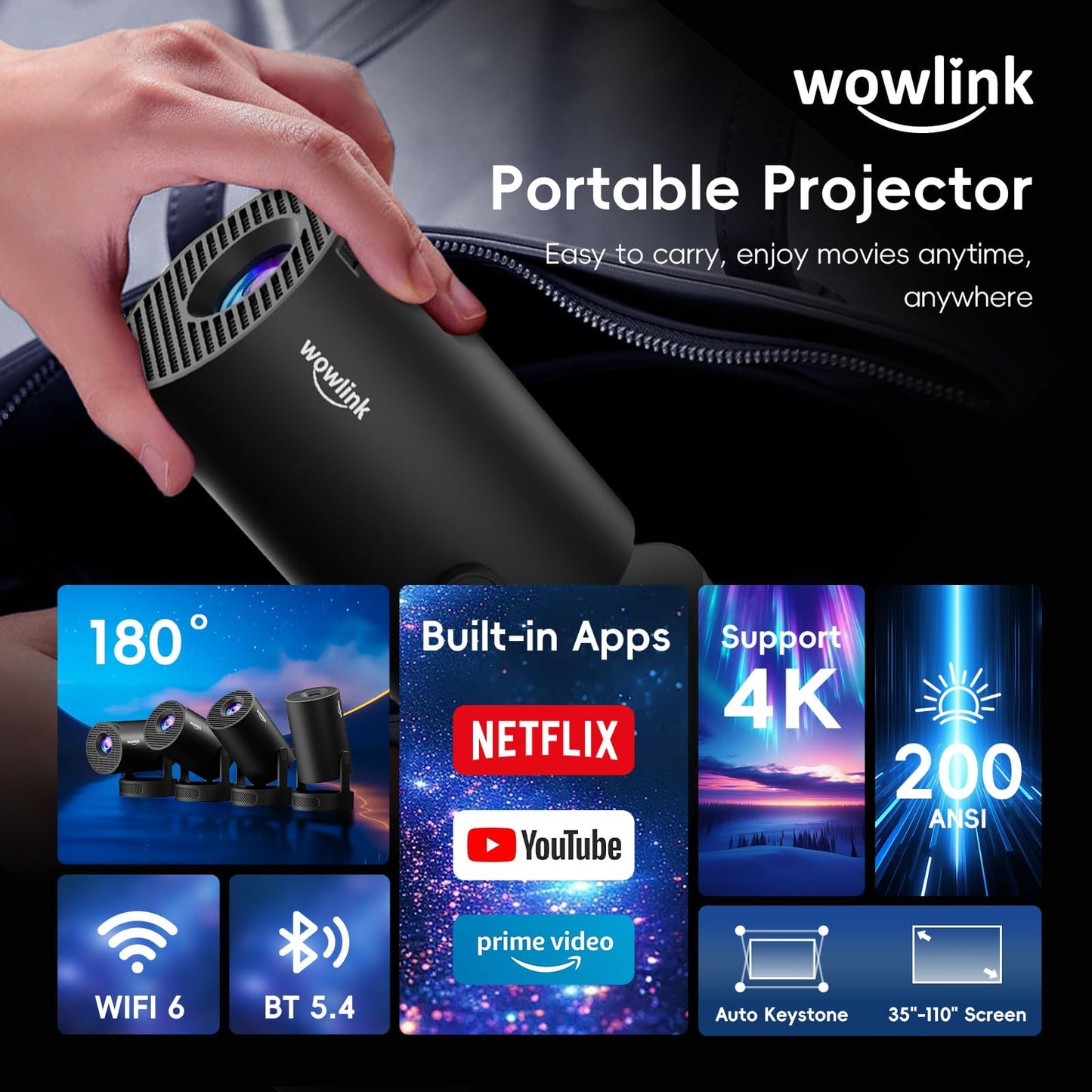 [Built-in Apps & 2025 Upgraded] Mini Projector with WiFi 6 and Bluetooth 5.4 Support 4K 1080P Auto Keystone 180° Rotatable Projector Portable Compatibile with HDMI/TV Stick/Memory Stick/Laptop, Black