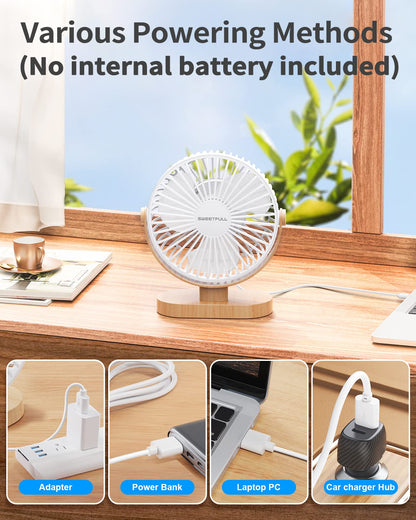 SWEETFULL Small USB Desk Fan 6.5 Inch, 3 Speeds Portable Personal Desktop Table Fan, Dual 360° Adjustment Mini Fan, Quiet Operation, for Home Office Car Outdoor Travel (White wood grain)