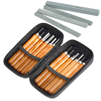 TIMESETL 17Pack Small Wood Carving Set, 12pcs Wood Carving Tools SK2 Carbon Steel + 4pcs Whetstone + 1pcs Storage Case for Beginners DIY Woodworking Sculpting Whittling with Safety Cap