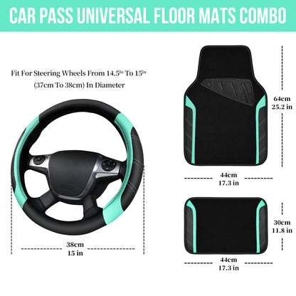 CAR PASS Leather Steering Wheel Cover and Waterproof Car Floor Mats,Microfiber Universal Car Combo Fit for 95% Sedan,SUV,Cars,14.5-15inch Sporty Anti-Slip Safety Comfortable Design(Black&Mint)