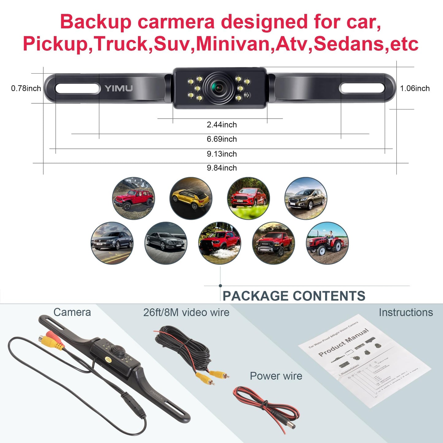 YIMU Car Backup Camera, License Plate Camera with 7 LED Lights Rear Camera, HD Night Vision Rear View Camera,Wide View Angle, IP69K Waterproof Reverse Vehicle Camera for Cars,SUV,Trucks,RV, Pickup