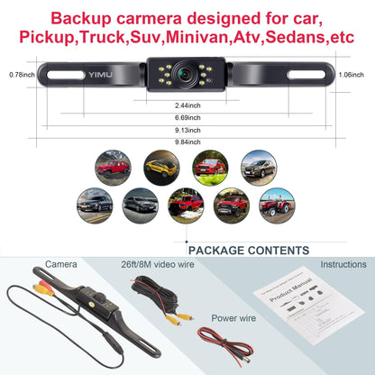 YIMU Car Backup Camera, License Plate Camera with 7 LED Lights Rear Camera, HD Night Vision Rear View Camera,Wide View Angle, IP69K Waterproof Reverse Vehicle Camera for Cars,SUV,Trucks,RV, Pickup