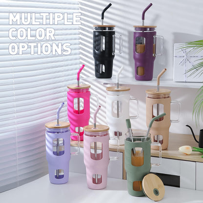 WINSA Glass Tumbler with Straw and Lid, 32 oz Glass Cup with Handle, Glass Water Bottles with Time Marker, 2 Straws - Pearl Straw & Drinking Straw Silicone Protective Sleeve-Pink