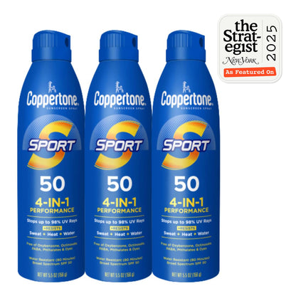 Coppertone Sport Sunscreen Spray SPF 50, Sweat, Heat and Water Resistant Sunblock, Lightweight, Oxybenzone Free, Spray Sunscreen Bulk Pack, 5.5 Oz Bottle, Pack of 3 (Packaging May Vary)