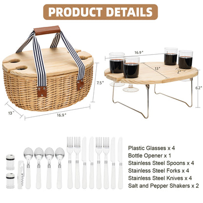 STBoo Picnic Basket for 4, Insulated Wicker Hamper with Folding Table, Willow Picnic Baskets Set with Large Insulated Cooler Bag for Camping Outdoor (Stripe)