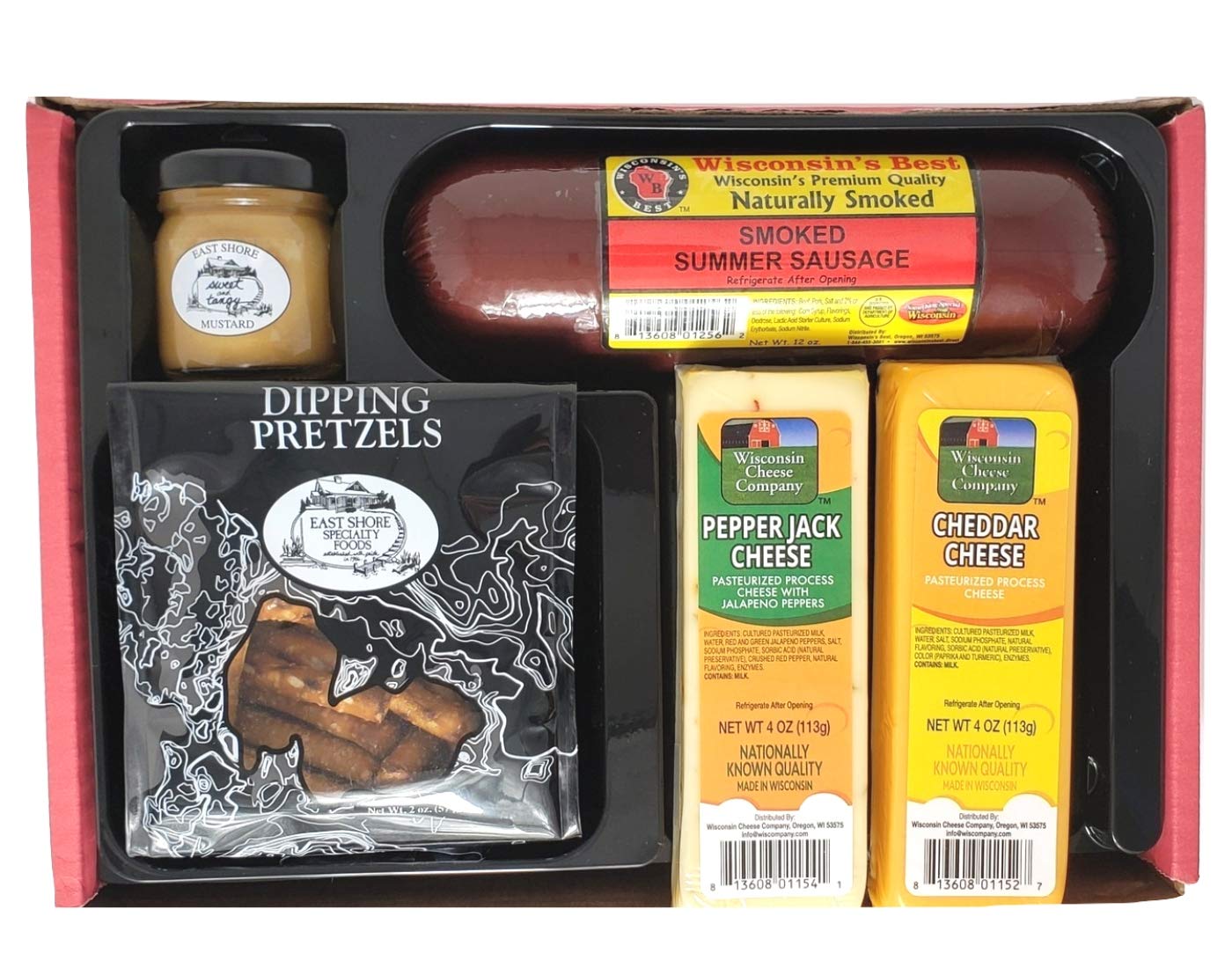 Wisconsin Cheese Company - Fan Favorite Gift Box - 100% Wisconsin Cheddar & Pepper Jack Cheese, Sausage, Pretzel & Mustard | Perfect for Parties, Charcuterie Boards and Birthday Gifts