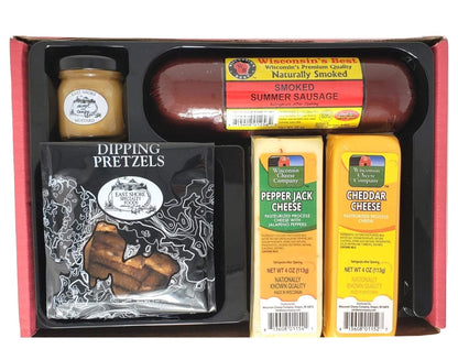 Wisconsin Cheese Company - Fan Favorite Gift Box - 100% Wisconsin Cheddar & Pepper Jack Cheese, Sausage, Pretzel & Mustard | Perfect for Parties, Charcuterie Boards and Birthday Gifts
