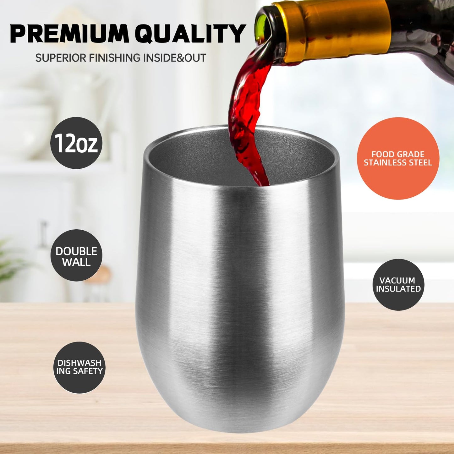 StarSpeed 12oz/6 Pack Wine Tumbler with lid, Stainless Steel Travel Mugs Stemless Double Wall Insulated Coffee Cup, Insulated Wine Glasses Travel Tumbler for Cold & Hot Drinks(Silver, 6)