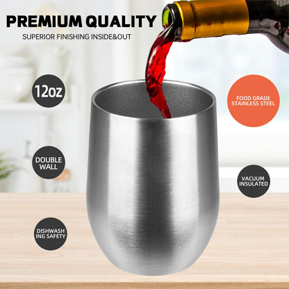 StarSpeed 12oz/6 Pack Wine Tumbler with lid, Stainless Steel Travel Mugs Stemless Double Wall Insulated Coffee Cup, Insulated Wine Glasses Travel Tumbler for Cold & Hot Drinks(Silver, 6)