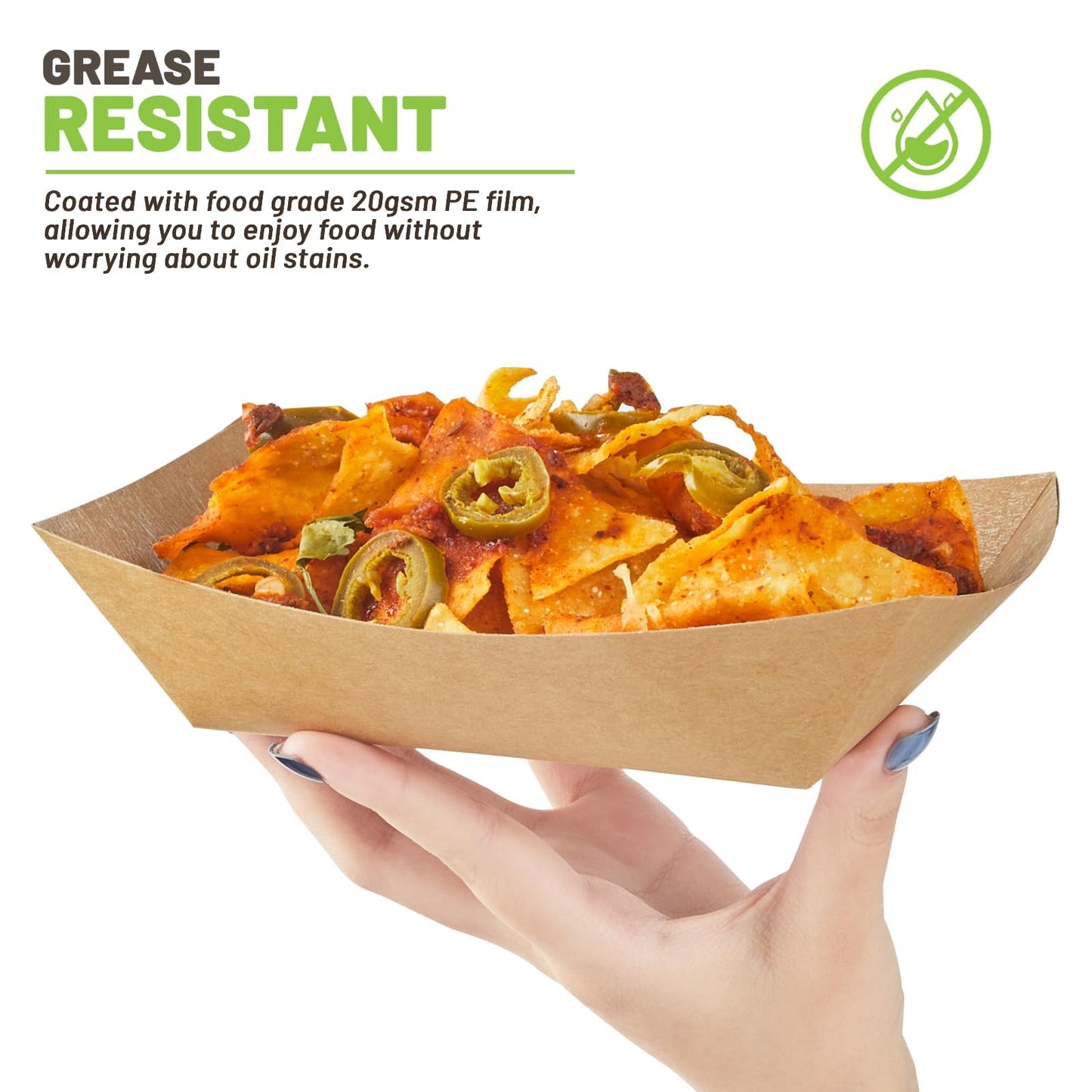 ZORRITA 3 Lb Paper Food Trays - 50 Pack Disposable Nacho Trays, Kraft Paper Food Boats Taco Holders Party Serving Baskets for Hot Dogs Snacks Tacos Fries