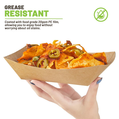 ZORRITA 3 Lb Paper Food Trays - 50 Pack Disposable Nacho Trays, Kraft Paper Food Boats Taco Holders Party Serving Baskets for Hot Dogs Snacks Tacos Fries