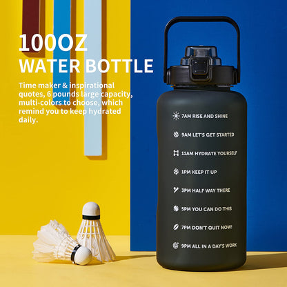 ST-YIBEN 100oz Large Motivational Water Bottle with Time Marker,Leakproof & BPA Free 3 Liter Black Gallon Water Bottle with Straw & Handle Tritan Frosted Water Jug for Women Men to Fitness,Gym,Sports
