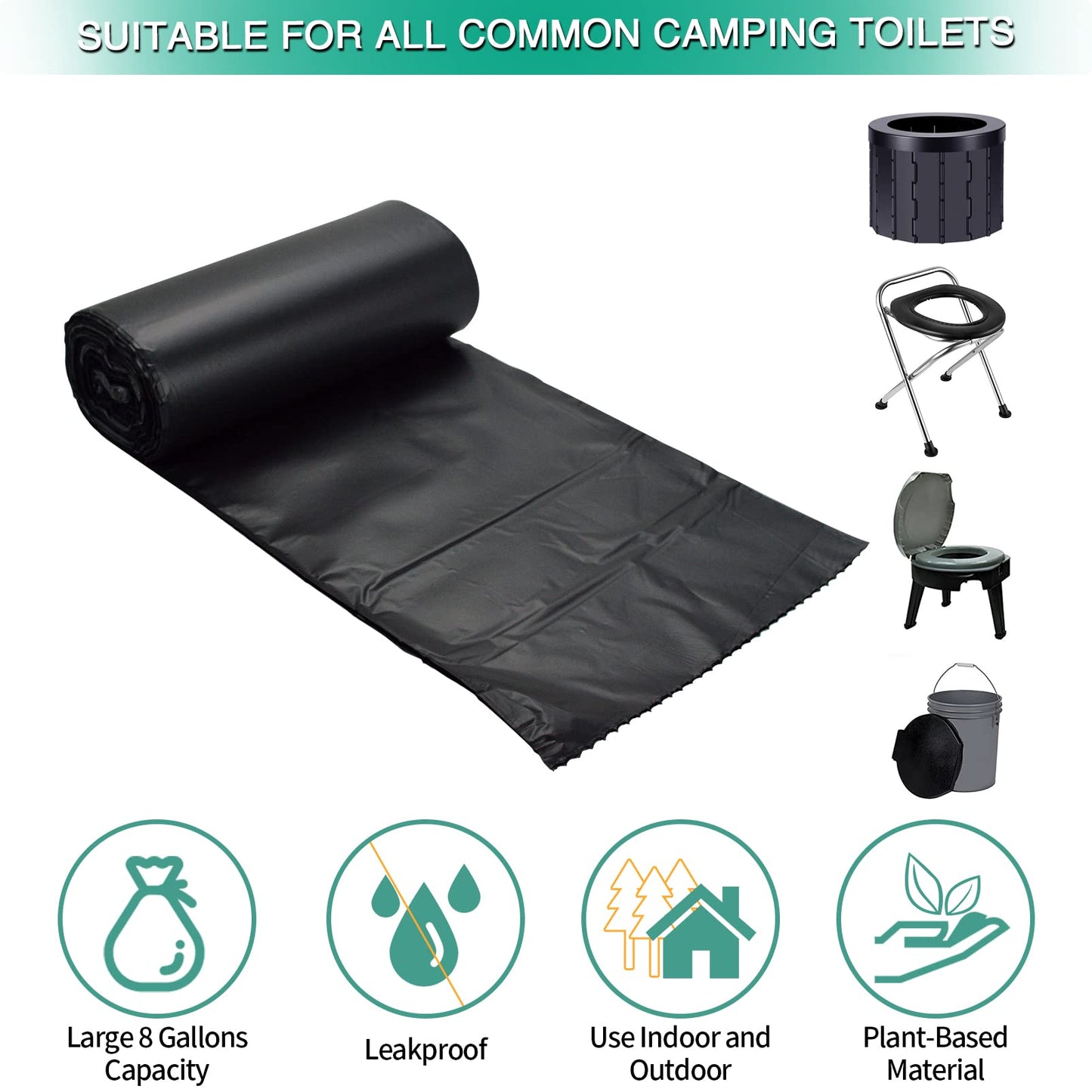 Sailortenx 80/60/20 Portable Camping Toilet Bags 100% Compostable 8 Gallon Use with 5 Gallon Bucket Toilet, Camp Toilet Waste Bags, Disposable Biodegradable Poop Bags for Outdoor Camping