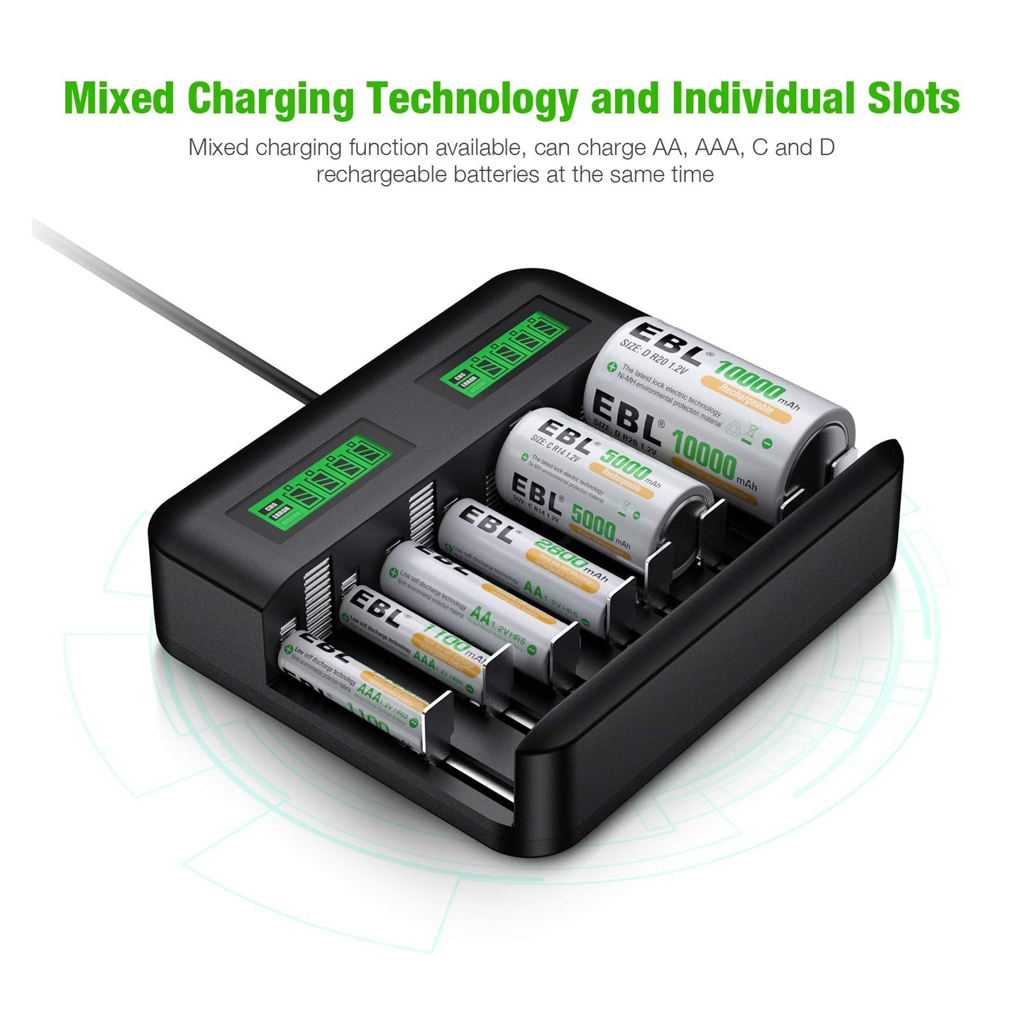 EBL LCD Rechargeable Battery Charger - 8 Bay AA AAA C D Battery Charger for Rechargeable Batteries Ni-MH AA AAA C D Batteries with 2A USB Port, Type C Input