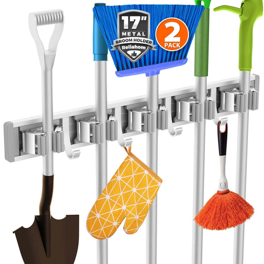 reliahom 2 Pack Broom Holder Wall Mount Mop and Broom Hanger Wall Mounted Garage Storage Rack Kitchen Garden Tool Organizer (5 Racks with 4 Hooks, Silver)