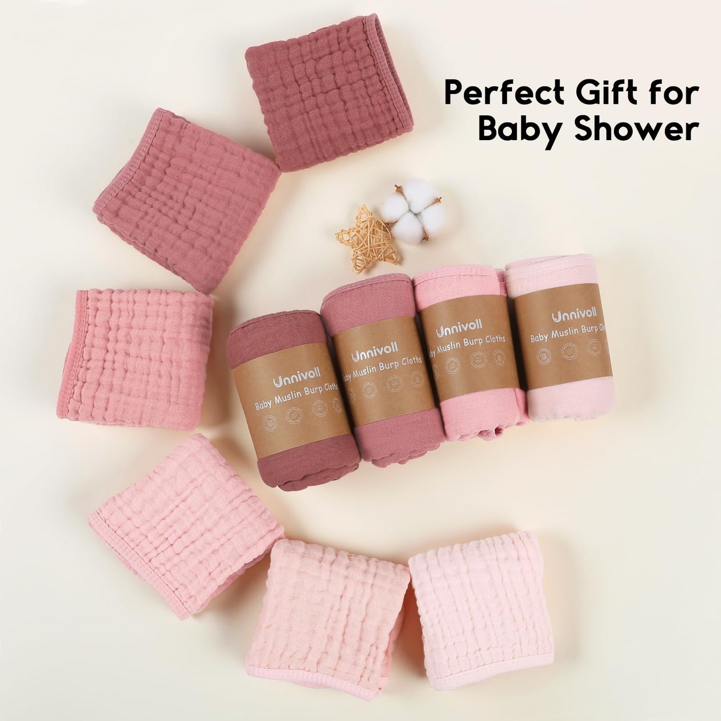 Unnivoll Muslin Burp Cloths for Baby 100% Cotton Burping Cloths for Boys Girls Large 20''X10'' Extra Soft and Absorbent 12 Pack - Gradient Pink