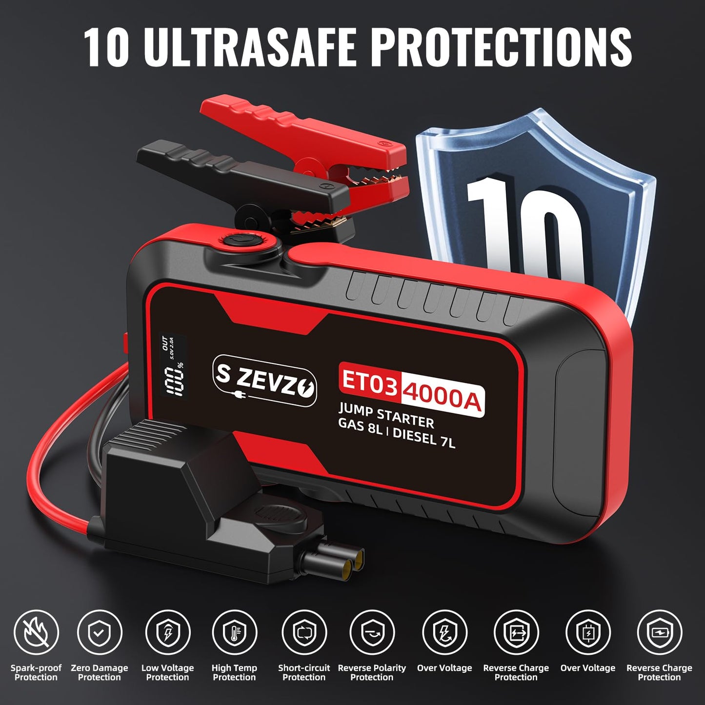 S ZEVZO ET03 Car Jump Starter 4000A Jump Starter Battery Pack for Up to 8.0L Gas and 7.0L Diesel Engines, 74Wh Portable 12V Jump Box with USB Ports, LCD Display, Storage Case, and LED Light