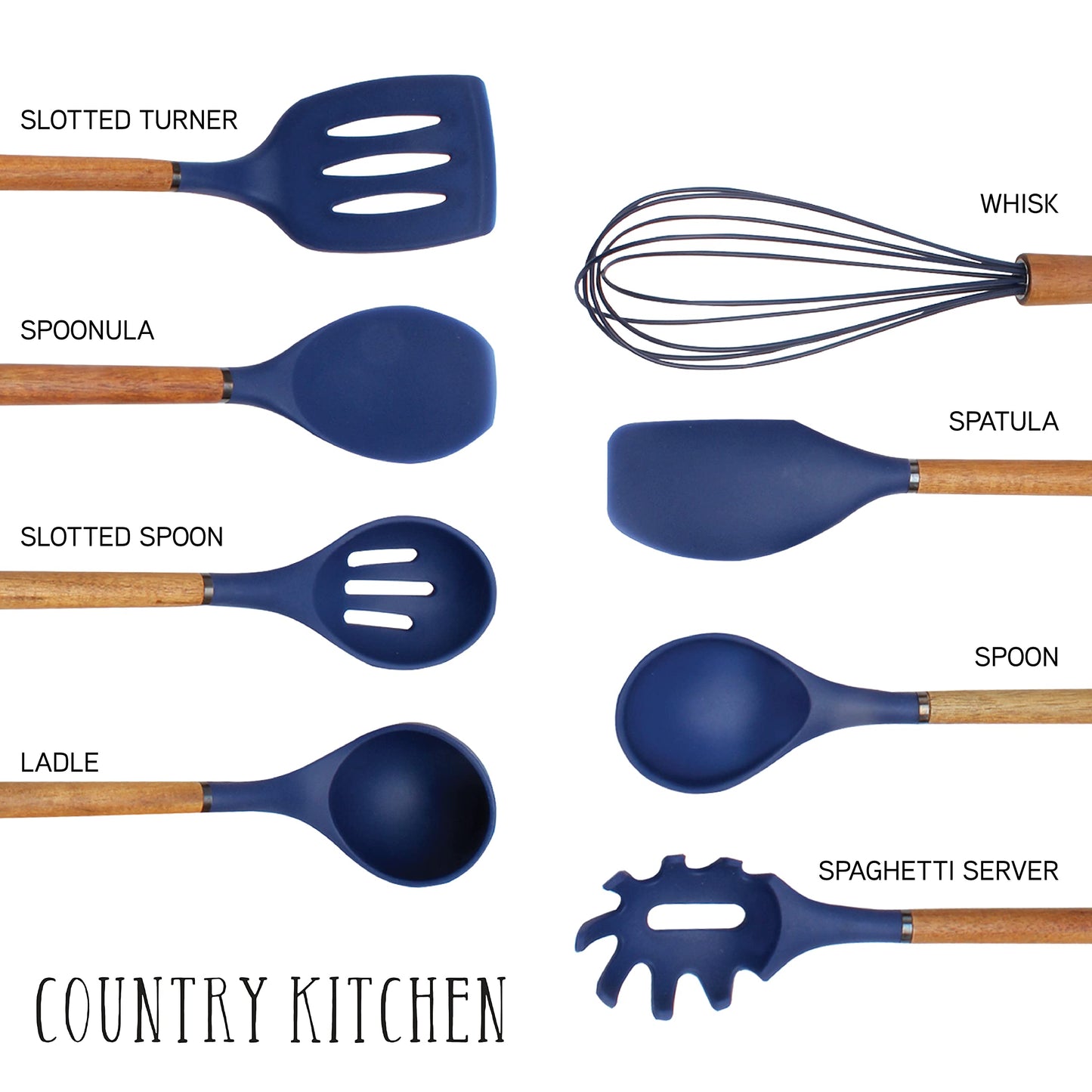 Country Kitchen Non Stick Silicone Utensil Set with Rounded Wood Handles for Cooking and Baking, 8 Piece Set, Navy